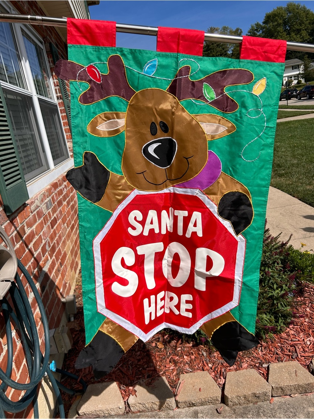 "Santa Stop Here" large, appliqué Christmas garden flag